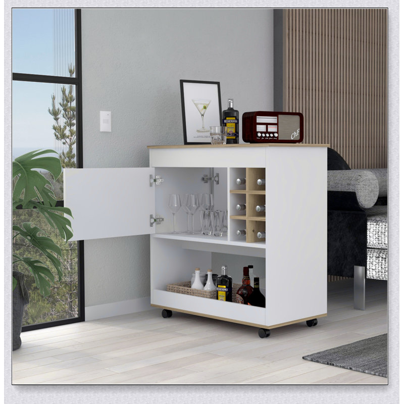 Chariot-bar en chêne clair à 6 bouteilles avec armoire spacieuse et comptoir, parfait pour le rangement organisé et élégant des boissons.