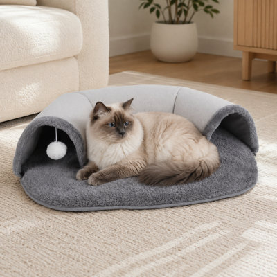 Grey U-Shaped Cat Tunnel Bed with Dangling Ball – 33.5" x 27.6" Soft Plush Pet Nest with Memory Foam Support, Removable Washable Cover & Non-Slip Base, 2-in-1 Play and Sleep Tunnel for Indoor Cats (Grey)