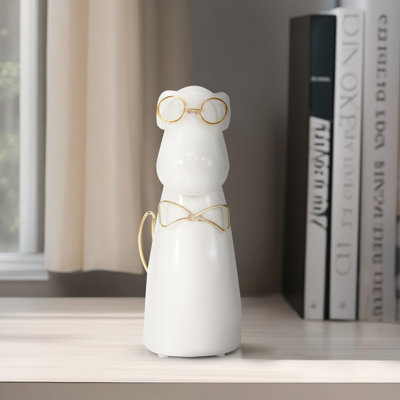 Figurine de chien en grès et métal Glam avec nœud papillon et lunettes - élégante sculpture décorative