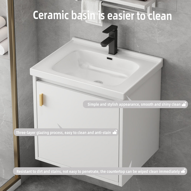 Meuble-lavabo de 20 po avec lavabo, petit meuble-lavabo mural avec porte flottante moderne, drain escamotable, siphon inclus (sans robinet)