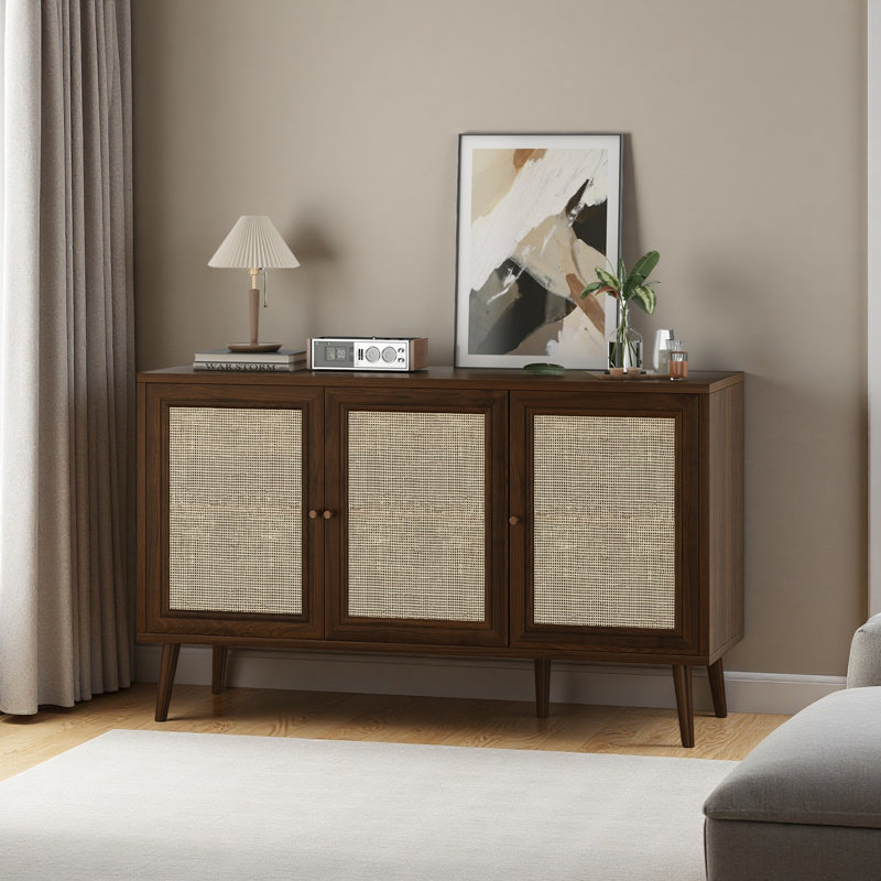 Sideboard Buffet Cabinet With 3 Rattan Doors,Modern Kitchen Storage Console Cabinet For Entryway Living Room, Walnut