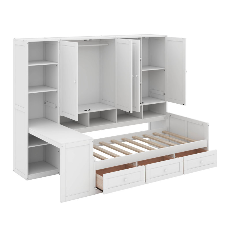Lit de jour simple en bois avec tiroirs, bureau et tablettes, Blanc