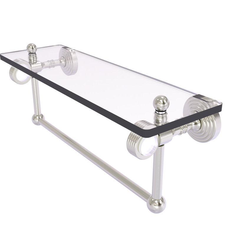 Jarrell Glass Bracket Shelf with Towel Bar, 5.12" H x 16" W x 6.4" D, Satin Nickel