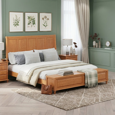 Soild Wood Sleigh Bed Frame With Tall Headboard And Storage Bench, No Box Spring Needed