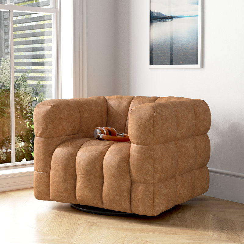 Avdul 38" Wide Tufted Swivel Chair with Square Arm, Brown Performance Faux Leather