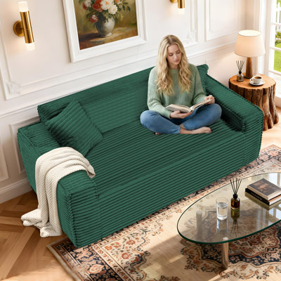 3 Seater Couch, Corduroy Boneless Couches for Living Room,74.8" Cloud Couch with Deep Seat,Comfy Floor Sofa with 2 Pillows,Compressed Sleeper Sofa in A Box
