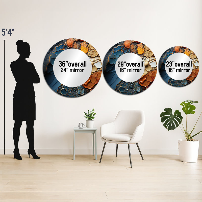 Blue and Orange Fluid Movements - Abstract Shapes Wall Mirror, Blue Round Decorative Mirror, Printed Metal Art, 36" x 36"