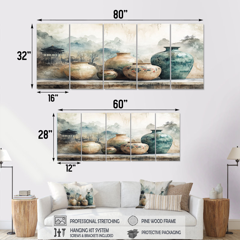 «Blue China and Orange China Pottery Tranquility II - Boho Pottery», ensemble de reproduction d'art mural, H 28 po x l 60 po