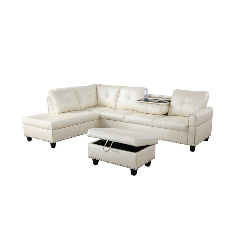 Canapé modulaire en similicuir 3 pièces avec repose-pieds Adebisi, Accoudoir à gauche (vu de face), Similicuir blanc cassé