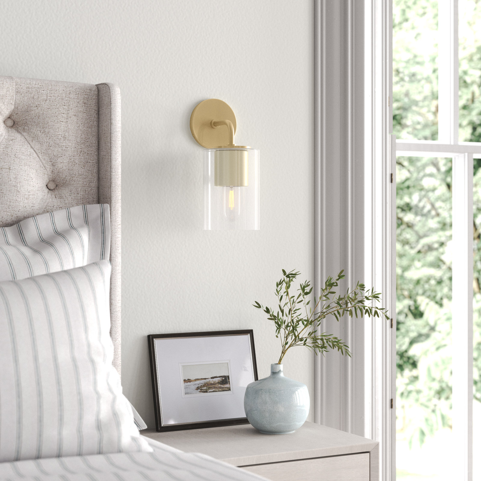 Kassia Single Light Glass Dimmable Armed Sconce, Aged Brass