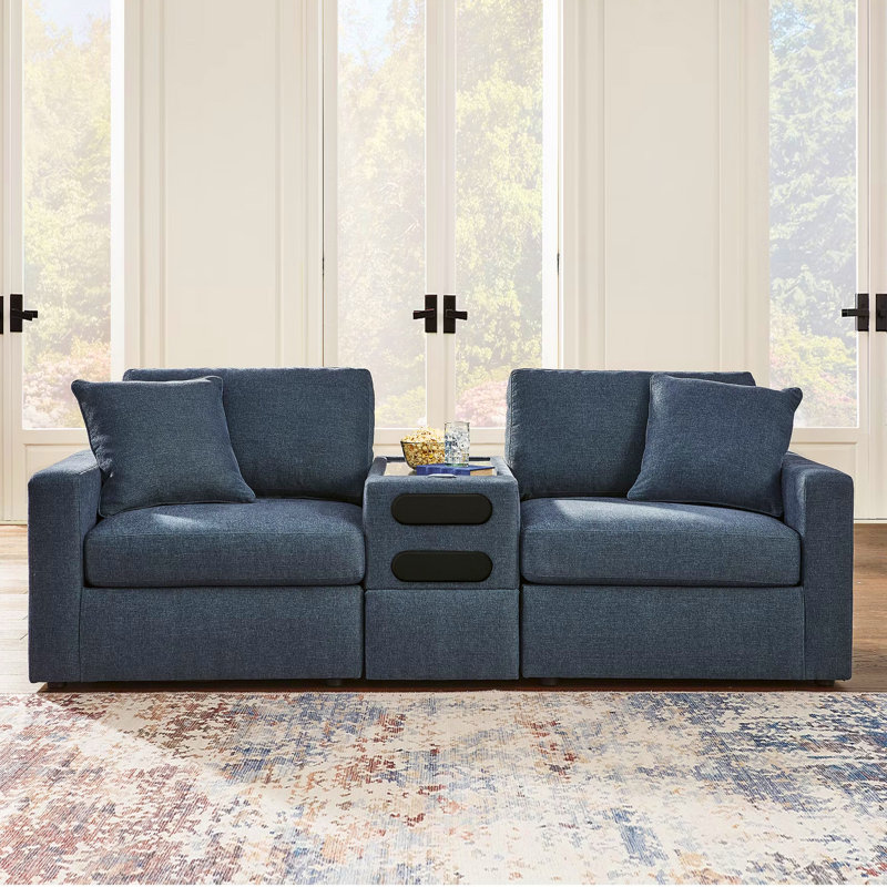 Braintree 3-Piece Sectional With Audio Console, Blue Polyester
