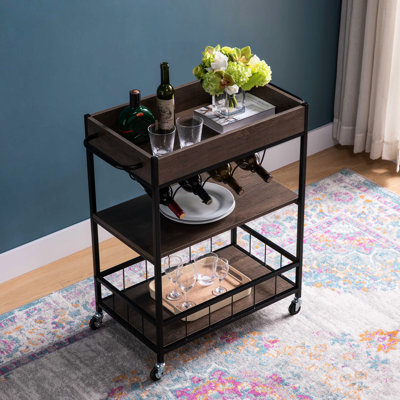 Rolling Kitchen Cart - 3 & 4 Wine Bottle Rack. Brown And Black Metal Frame. Heavy Duty Locking Wheels. Shelves Items From Falling Over. Max 100Lbs Weight Capacity. Each Shelf Holds Up To 10Lb. Stores