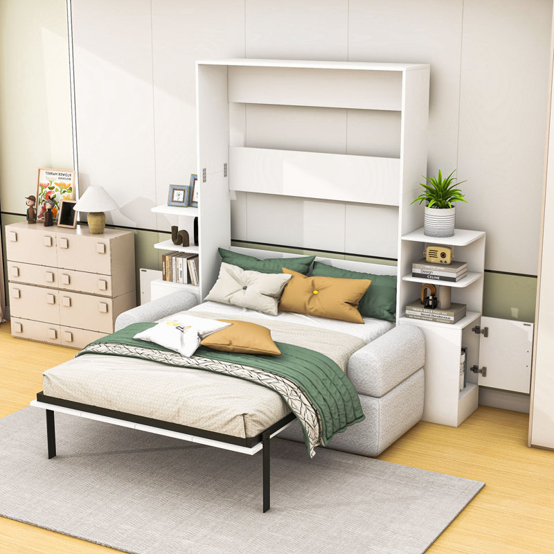 Lit escamotable double avec canapé et armoires de rangement latérales, Blanc