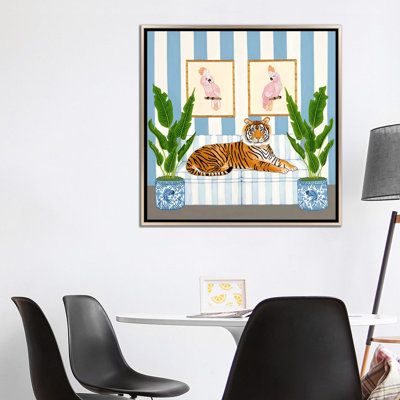 Chinoiserie Tiger With Ginger Jars And Pink Cockatoos - Wall Art Print - Framed Canvas
