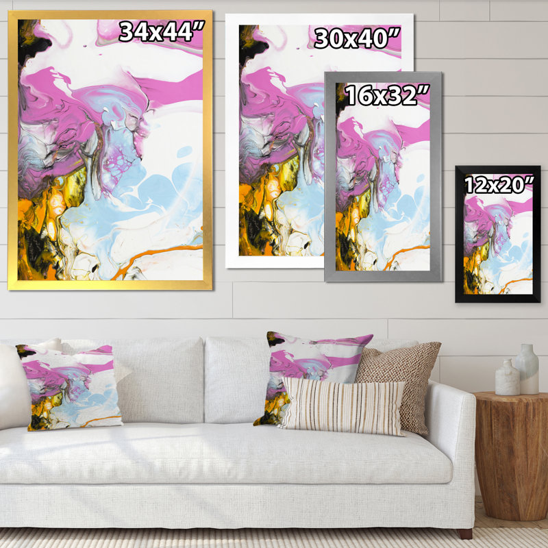 Rose, bleu et jaune liquide Art II - peinture sur toile, H 44 po x l 34 po x P 1,5 po, Cadre d'angle fermé noir