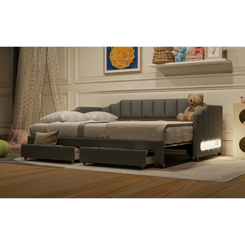 Twin Xl Size Gray Daybed With Extendable Function, Led And Two Storage Drawers, Pine Wood Structure Upholstered To King Gray, Improves Room Utility