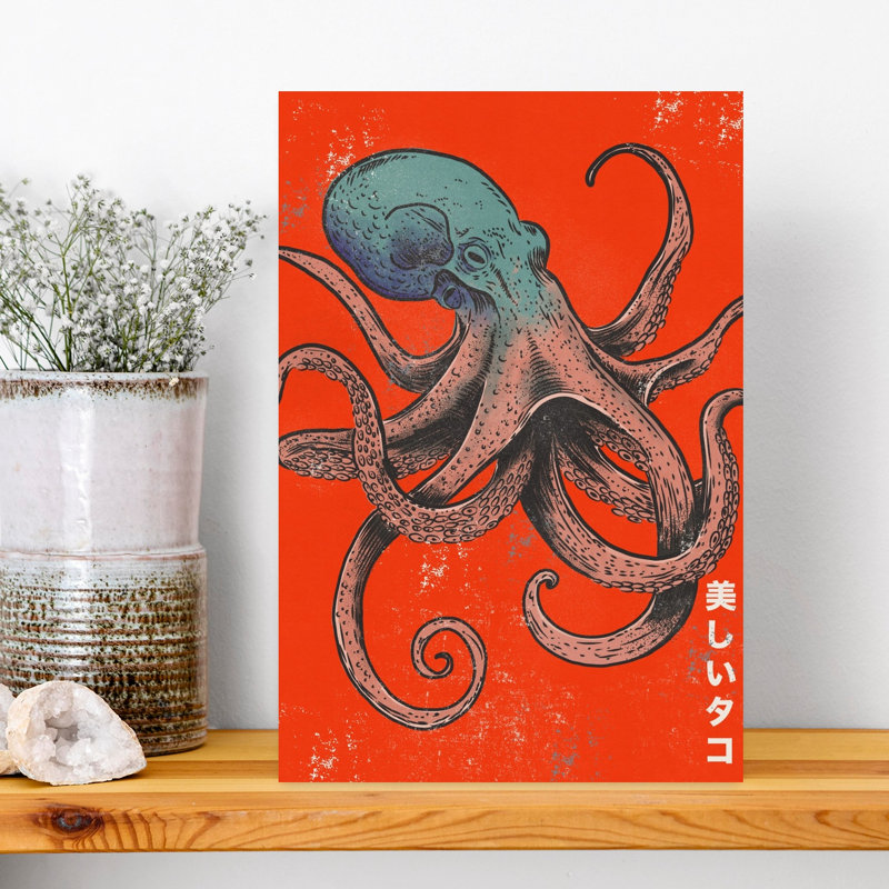 Pieuvre japonaise rouge audacieuse rétro, impression de pieuvre vibrante océan, H 18 po x l 12 po