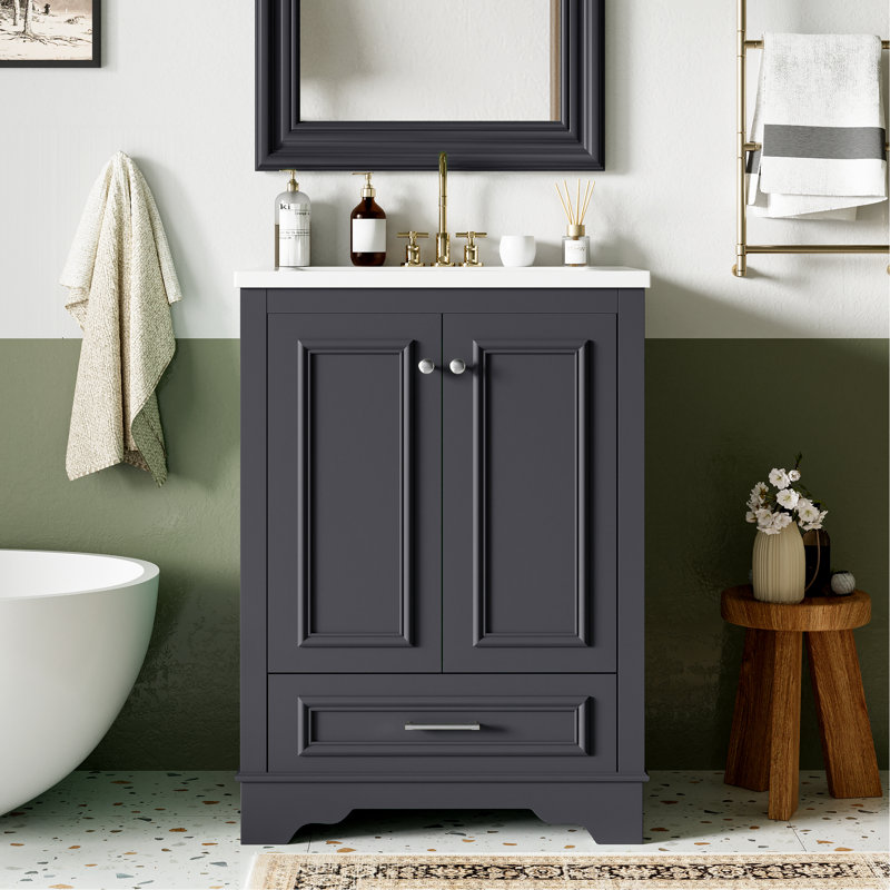 Meuble-lavabo contemporain avec lavabo en céramique, armoire de rangement autoportante avec portes à fermeture douce