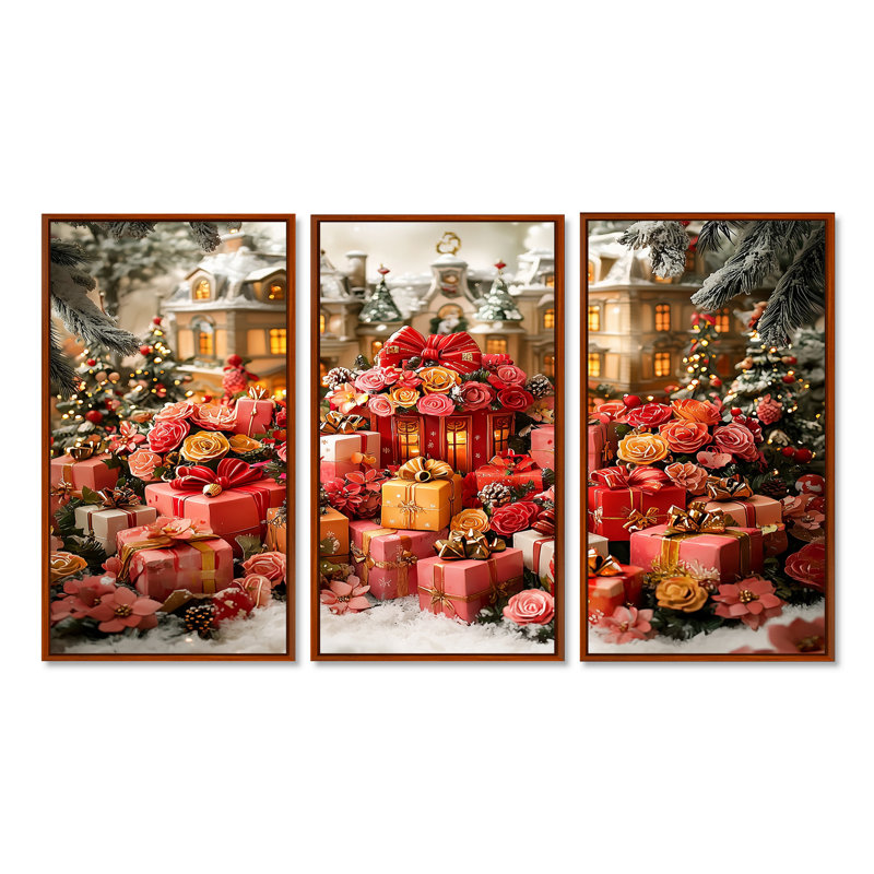 Ensemble de salon art de Noël rose or rose, Toile avec cadre flottant brun, H 32 po x l 48 po x P 1 po