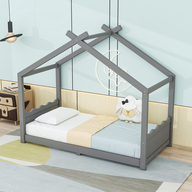 Wood House Floor Bed With Slats, Gray, Twin