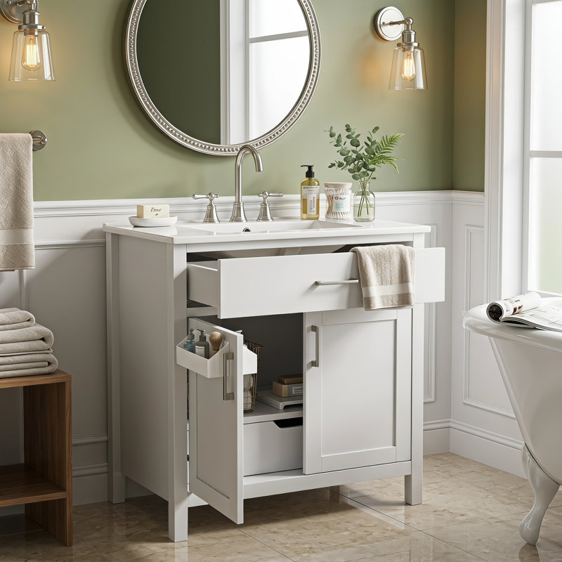 Meuble-lavabo de 30 pouces avec lavabo en céramique et beaucoup de rangement - le choix parfait pour les petites salles de bain