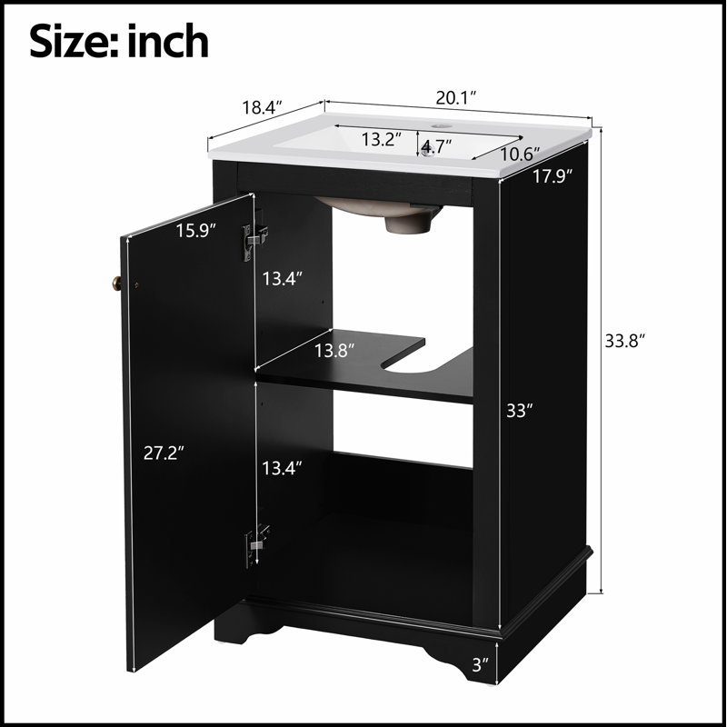 Meuble-lavabo autoportant de 20 pouces avec lavabo en céramique, porte à fermeture douce et tablette réglable, style moderne