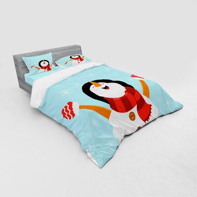 Christmas Happy Smiling Snowman with Ornate Snowflakes Cheering Joyful Graphic Character Duvet Cover Set -  Ambesonne, bsnev_39752_queen