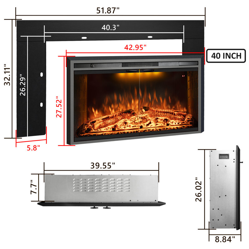 Aadila Electric Fireplace Insert with Trim Kit, 32.11" H x 51.10" W x 8.80" D