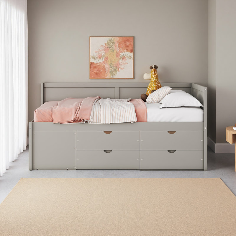Lit de jour avec tiroirs et tablettes, Gris, Lit double