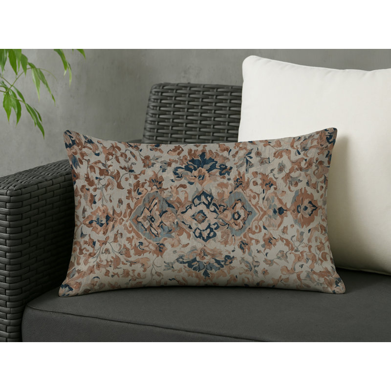 Coussin décoratif intérieur et extérieur Modern, Ivoire / bleu / brun damassé, Rectangle H 20 po x l 14 po