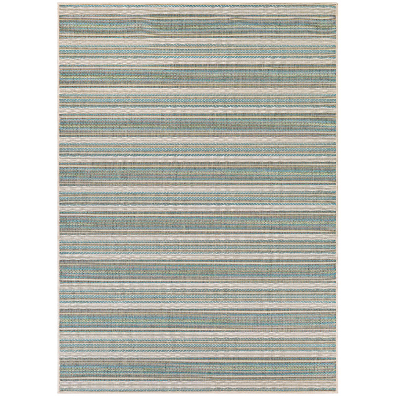 Broddrick Striped Blue Mist Ivory Flatweave Indoor Outdoor Performance Area Rug, Rectangle 2' x 3'7"
