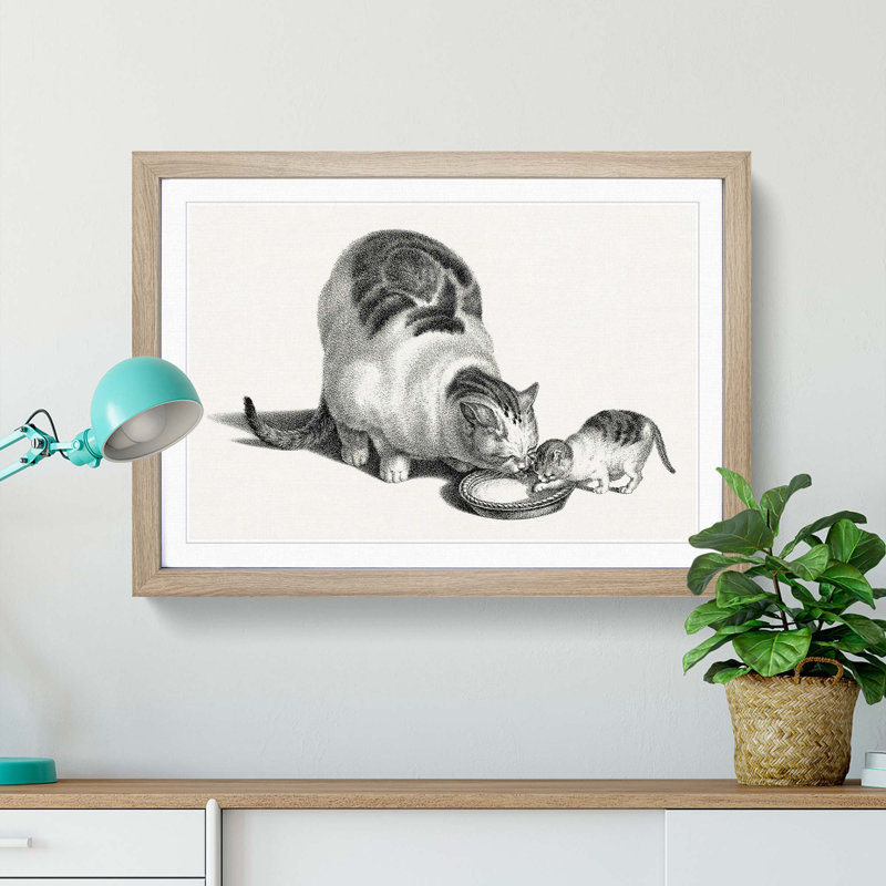 Cat & Kitten Drinking by Gottfried Mind - Framed Print, 36cm H x 48cm W x 2cm D, Oak Framed