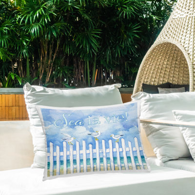 Seagulls on Beach Fence Outdoor Printed Pillow by Paul Brent