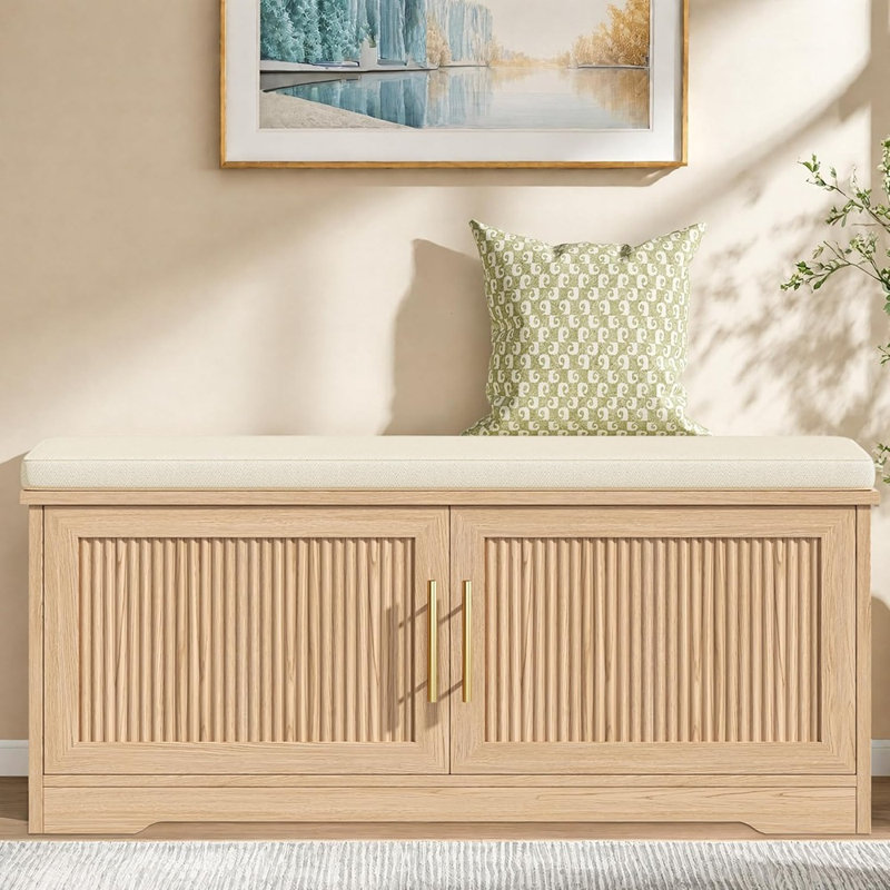 Banc de rangement à chaussures cannelé avec coussin, meuble à 2 niveaux avec tablette réglable et poignées dorées