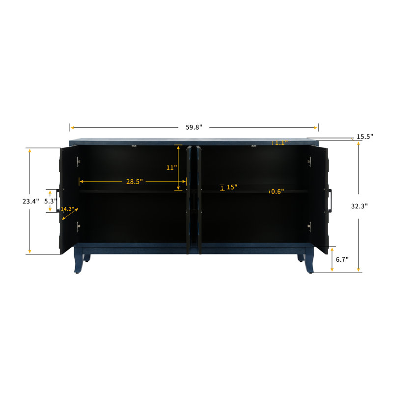 Armoire buffet en bois robuste à 4 portes avec apparence laquée et garniture durable, Bleu marine antique