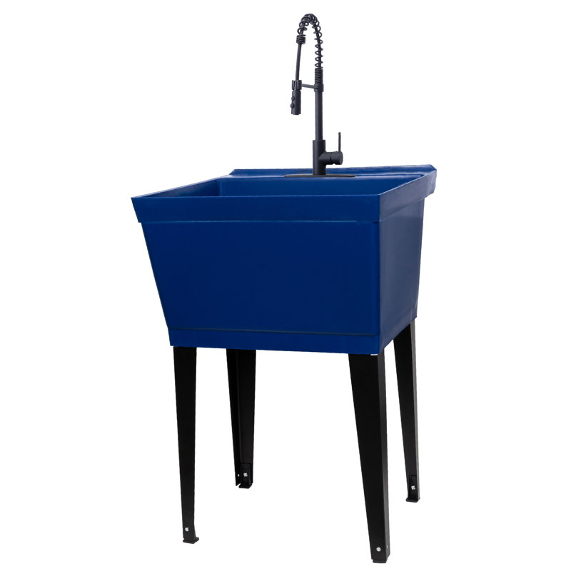22.875 In. X 23.5 In. 19 Gallon Thermoplastic Utility Sink Set With High-Arc Coil Pull-Down Faucet, Blue, Black