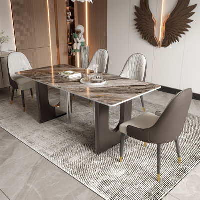 Modern Rectangular Sintered Stone Dining Table For 6-8  Kitchen Table With Dual-Finish U-Shaped Base