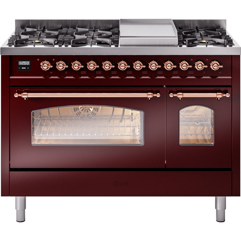 ILVE Nostalgie II Series 48 inch Dual Fuel Range with 8 Sealed Burners, Griddle (Glass Door), Liquid Propane, Burgundy/Copper