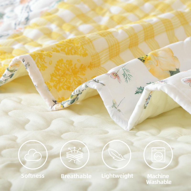 3-Pieces Floral Quilt Set, Vibrant Printed Quilt Bedding with 2 Pillowcases, Queen Quilt + 2 Standard Pillowcases