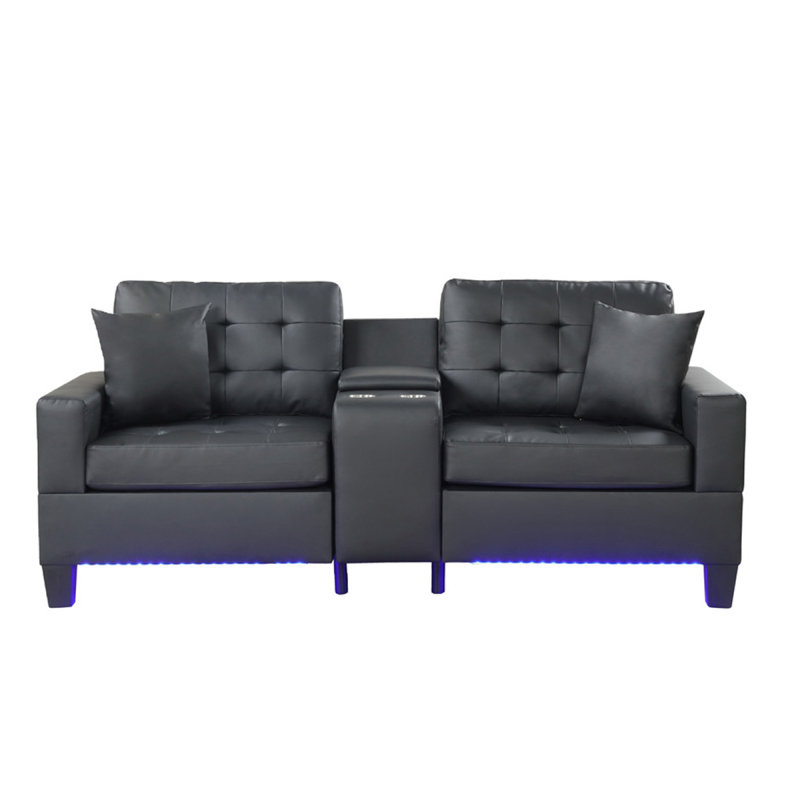 PVC Fabric Upholstered Sofa With LED Lights And Storage Console, Black
