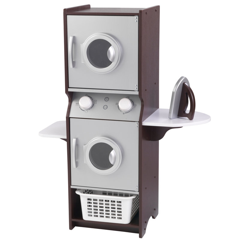 Wooden Laundry Play Set, Stacking Washer and Dryer with Iron and Basket, Espresso