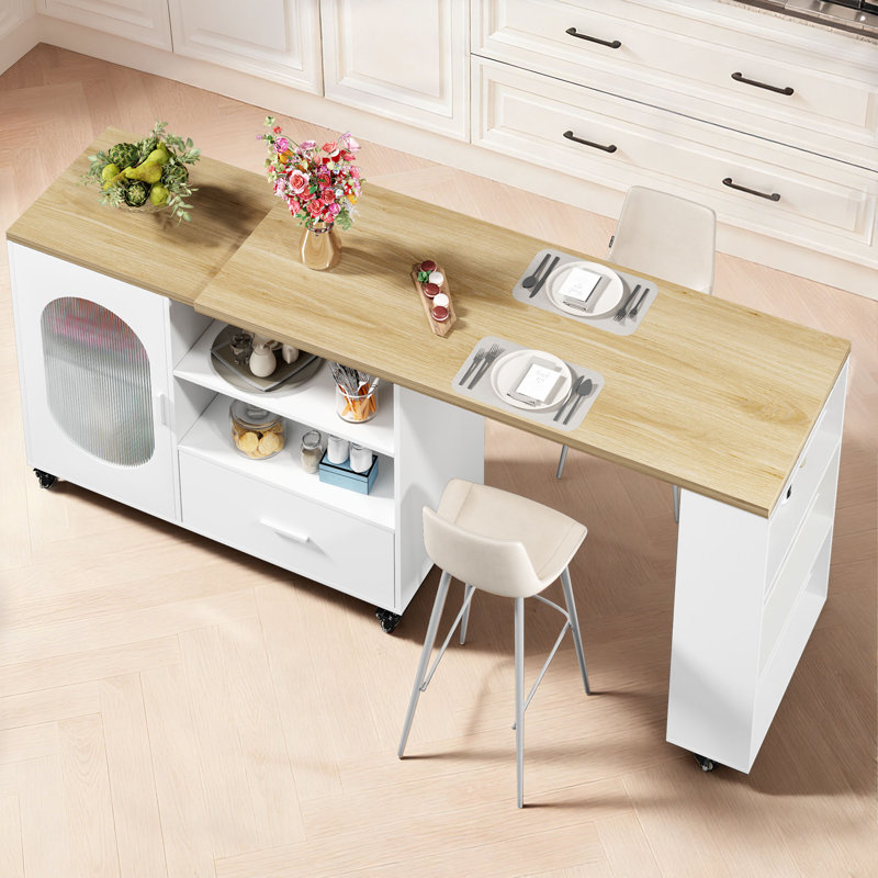 Kitchen Island With Extended Table, Storage Cabinet, Drawers, Oak/White