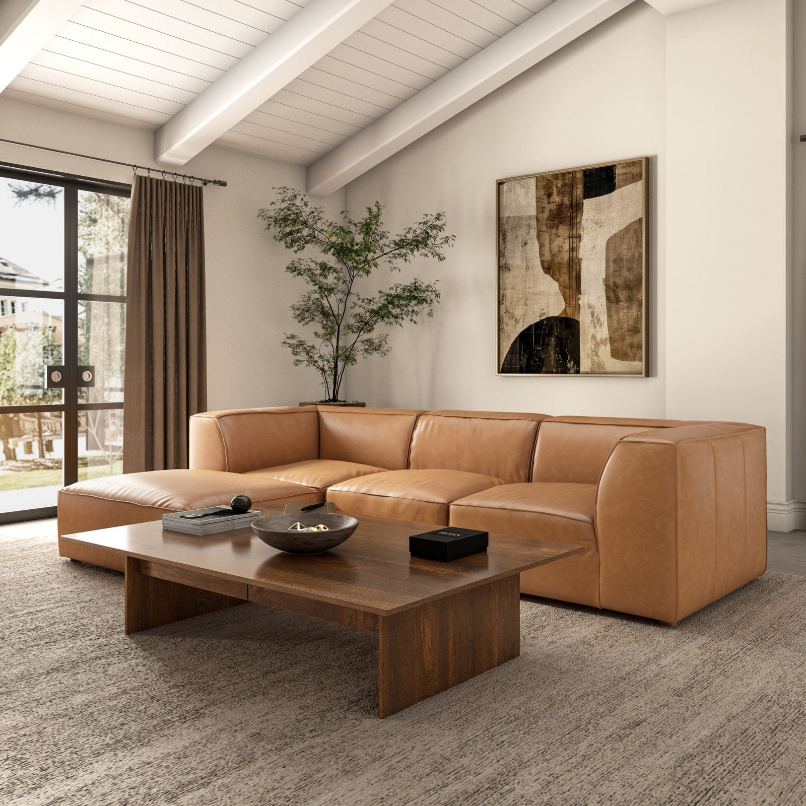 Foley Pine Genuine Leather Slipper Chair, Tan Top Grain Leather