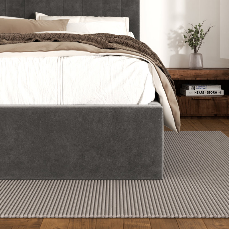 Haden Velvet Upholstered Platform Bed Frame with Channel Tufted Headboard, Gray, Queen