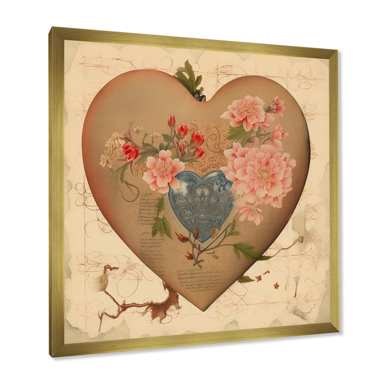 Cœur rose rose rétro, H 30 po x l 30 po x P 1 po, Encadrement doré