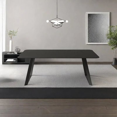 Pure black rock slab rectangular dining table