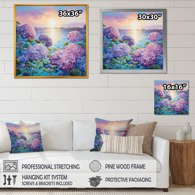 «Hortensia mauve par The Late», reproduction sur toile, Cadre naturel flottant, H 24 po x l 24 po x P 1 po