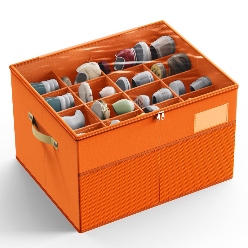 Large Orange Shoe Organizer Box with Clear Cover and Adjustable Dividers
