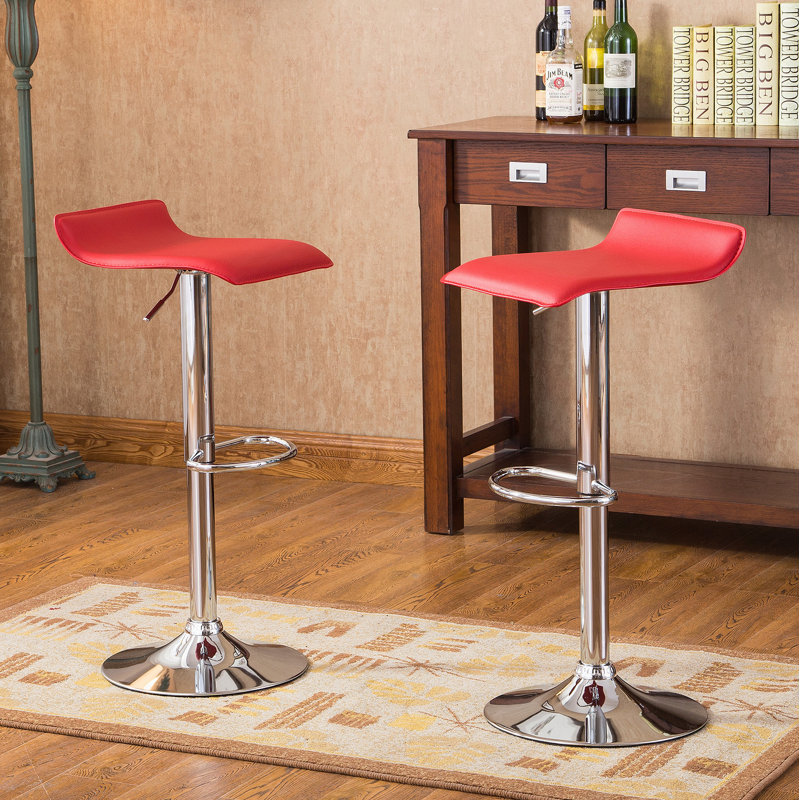 Contemporary Chrome Air Lift Adjustable Swivel Stools With Red Seat, Set Of 2, Red