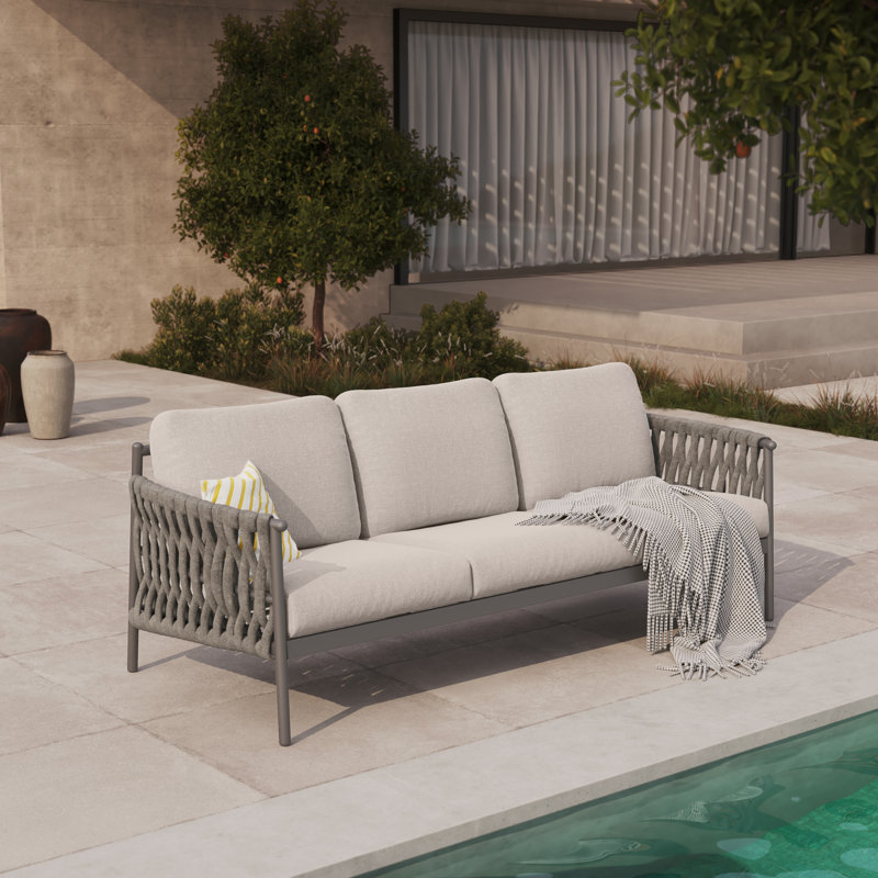 Arlend Outdoo 3-Person Sofa With Jumbo Rope And Thick Cushion, Beige Cushion/Gray Frame
